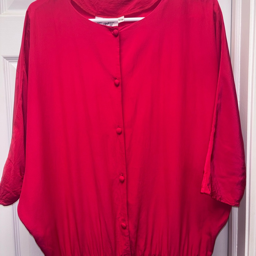 Nancy Anderson Pure Silk Red Midi Dress | Button Front | Size M/M - Picture 3 of 8
